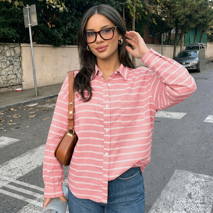 Damen Legere gestreifte Oversize-Hemdbluse aus Leinenoptik mit Brusttasche – Maréline