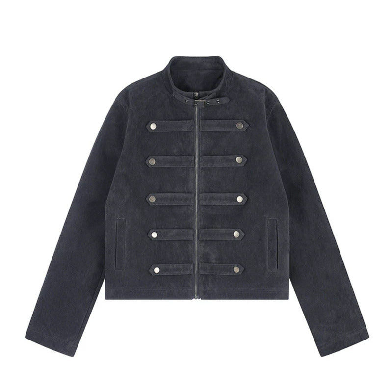 Damen Kurzjacke aus Veloursleder im militärischen Stil mit Stehkragen und Zierriegeln Echoarchiv