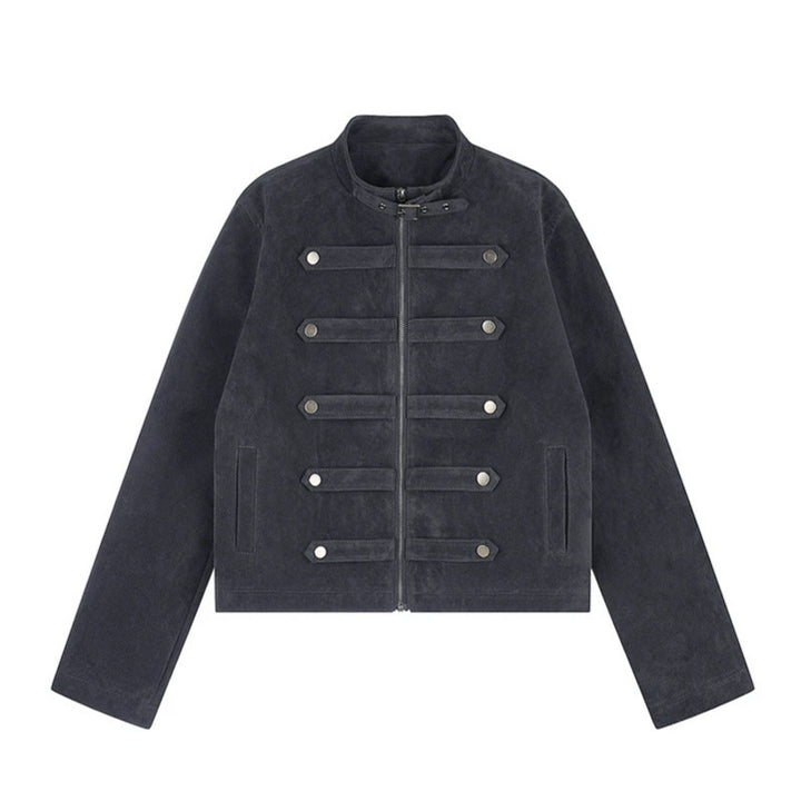 Damen Kurzjacke aus Veloursleder im militärischen Stil mit Stehkragen und Zierriegeln Echoarchiv