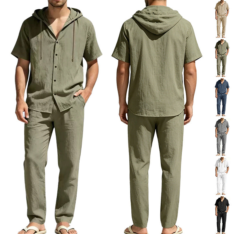 Herren nan luftiges Leinen-Lounge-Set mit kurzärmeligem Kapuzenhemd und gerader Relaxhose Echo Archiv