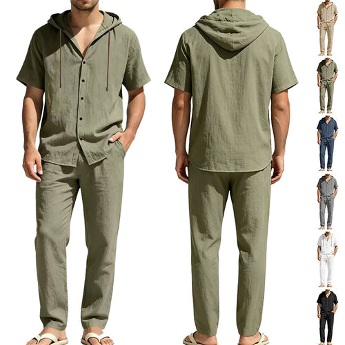 Herren nan luftiges Leinen-Lounge-Set mit kurzärmeligem Kapuzenhemd und gerader Relaxhose Echo Archiv
