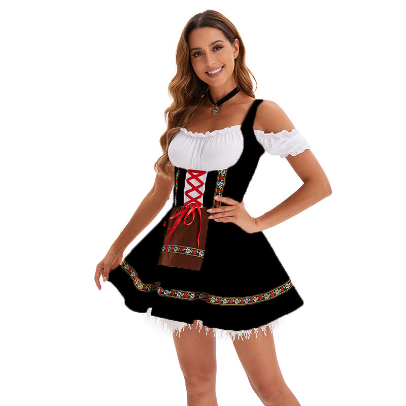 Damen nan kurzes Trachtenkleid mit Carmen-Ausschnitt, geschnürtem Mieder und bestickter Schürze Echo Archiv