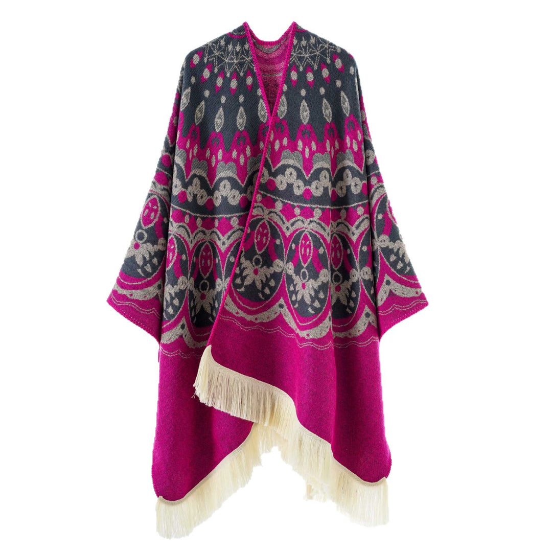 Damen Gewebter Jacquard-Poncho mit V-Ausschnitt, Ethno‑Print und Fransen – Avérine