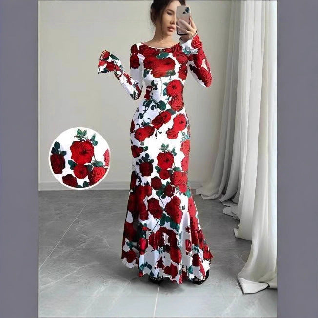 Damen nan eng anliegendes Maxikleid mit Meerjungfrauen-Schnitt, langen Glockenärmeln und Rüschensaum Echo Archiv