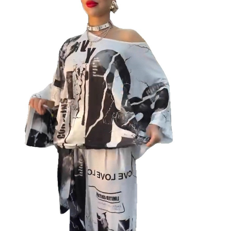 Damen nan zweiteiliges weites Satin-Freizeit-Set mit schulterfreiem Fledermaus-Top und Palazzohose Echo Archiv