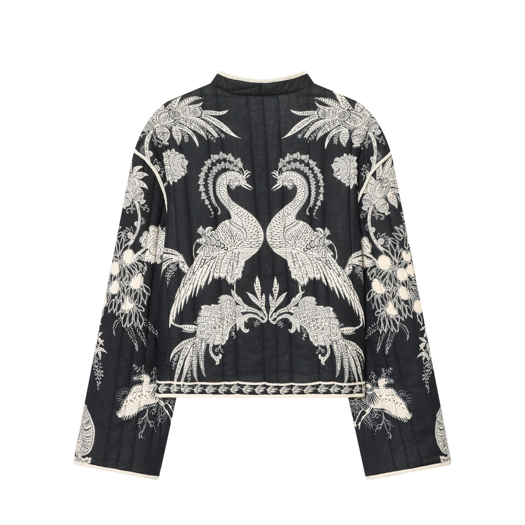 Damen kimonoartige gesteppte Jacke mit floraler Stickerei und kontrastpaspel – Célinea