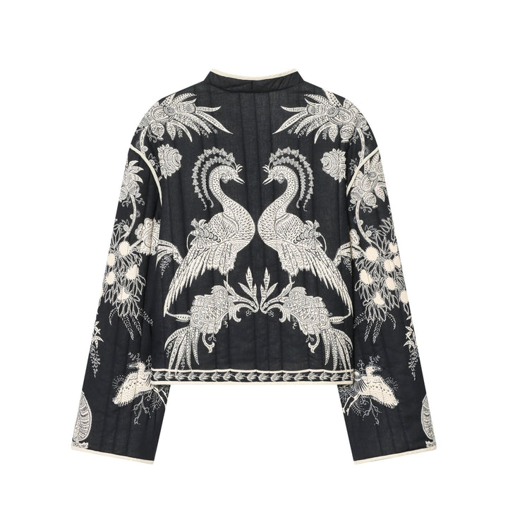 Damen kimonoartige gesteppte Jacke mit floraler Stickerei und kontrastpaspel – Célinea