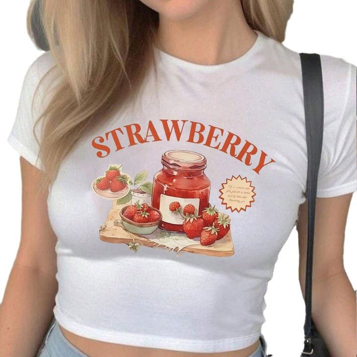 Damen Crop-Top mit kreativem Erdbeer-Design und figurbetontem Schnitt Echo Archiv