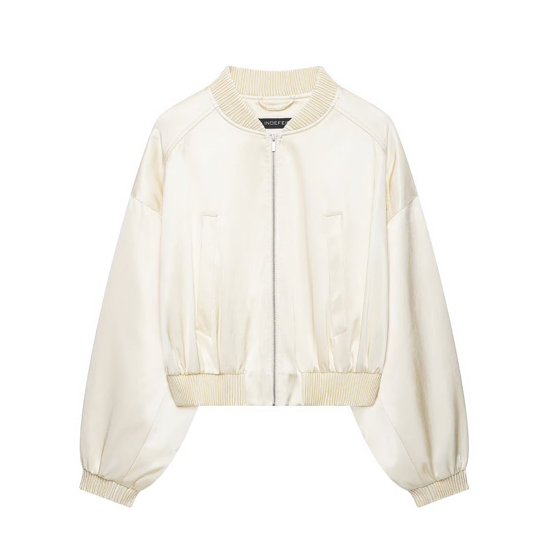 Damen Kurzer Satin-Bomber mit Oversize-Ballonärmeln und Rippkragen Echo Archiv