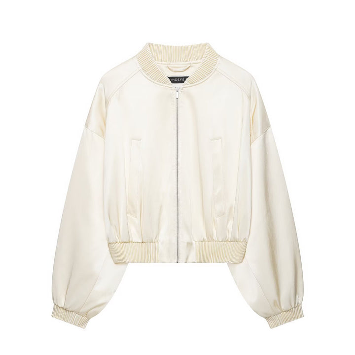 Damen Kurzer Satin-Bomber mit Oversize-Ballonärmeln und Rippkragen Echo Archiv