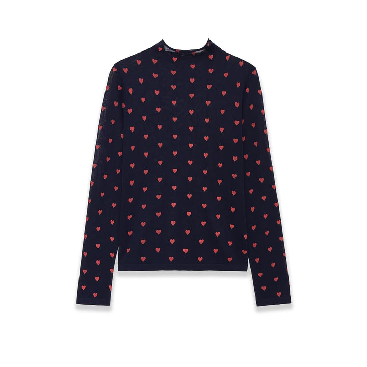 Damen Langarm-Feinstrickshirt mit Stehkragen und Allover-Herzjacquard Echo Archiv