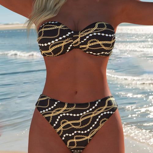 Damen Bandeau-Bikini mit luxuriösem Kettenmuster und hohem Taillenschnitt Echo Archiv