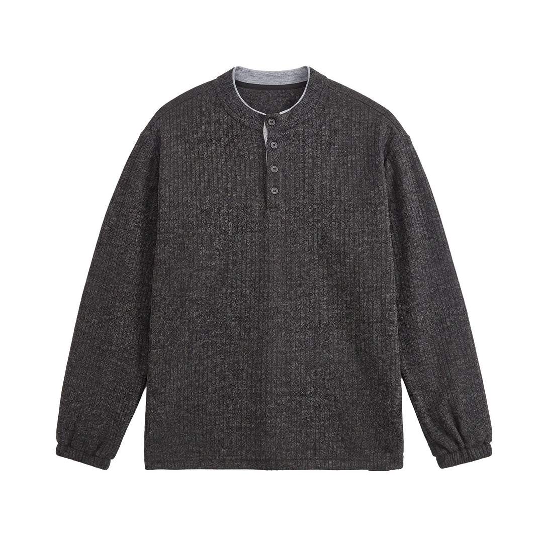 Herren Rippstruktur-Henley-Pullover mit Stehkragen und Knopfleiste Echoarchiv