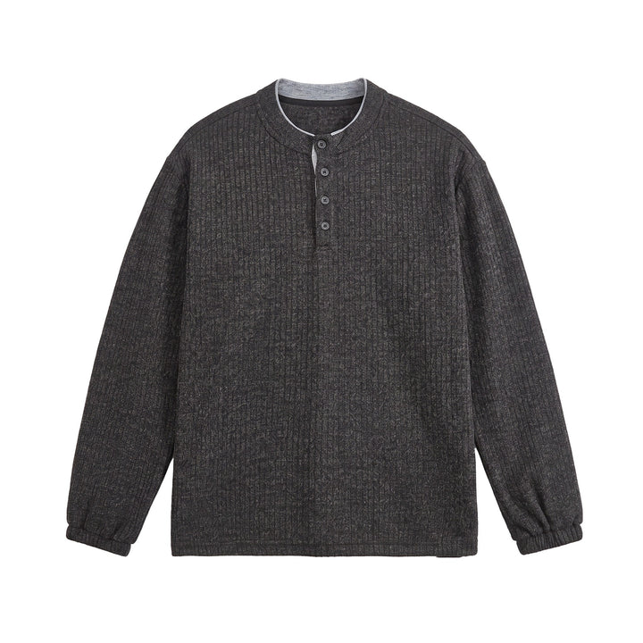 Herren Rippstruktur-Henley-Pullover mit Stehkragen und Knopfleiste Echoarchiv