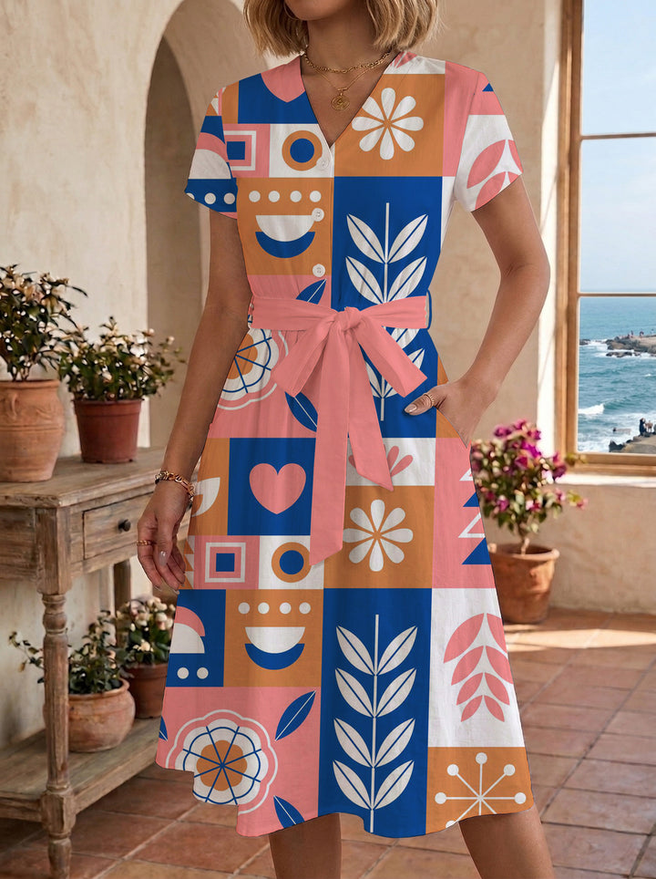 Damen Blühendes Midikleid mit taillierbarem Gürtel und kunstvollem Print Echo Archiv