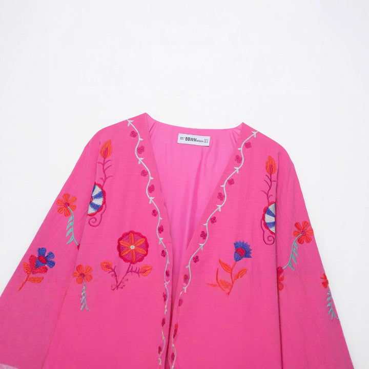 Damen Oversize Leichte Baumwoll-Cardiganjacke mit farbenfroher Blumenstickerei Echoarchiv