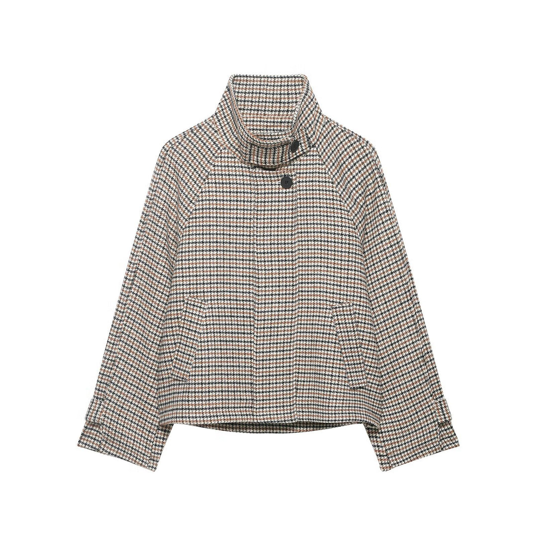 Damen Kurzgeschnittene Bouclé-Jacke mit hohem Stehkragen und Raglanärmeln Echo Archiv