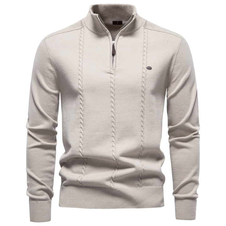 Herren Feinstrickpullover mit halbem Reißverschluss und vertikalem Zopfmuster Echoarchiv