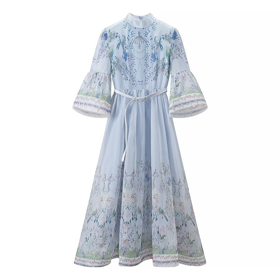 Damen Maxikleid mit Stehkragen, Glockenärmeln, floralem Druck und Bindegürtel Echoarchiv