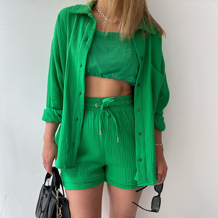 Damen nan lässiges oversized Hemd und Shorts Set mit Brusttasche Kordelbund und gerauter Baumwollstruktur Echo Archiv