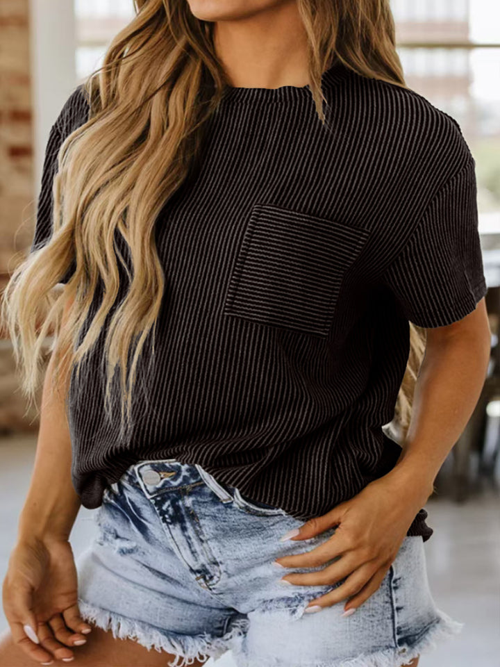 Damen lässiges Kurzarmshirt mit strukturierter Oberfläche und praktischem Brusttaschen Echo Archiv