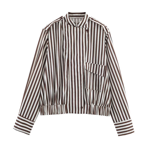 Damen Gestreifte Cropped‑Hemdblusen‑Jacke mit Stehkragen, asymmetrischer Klappentasche und elastischem Saum Echoarchiv