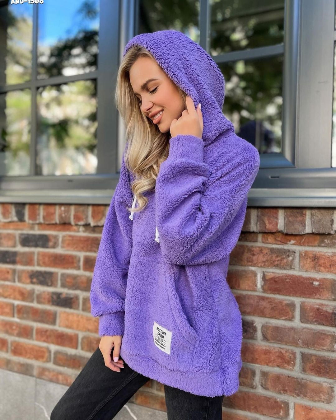 Damen Kuscheliger Teddy-Hoodie mit Kapuze, Kängurutasche und Oversize-Schnitt Echoarchiv