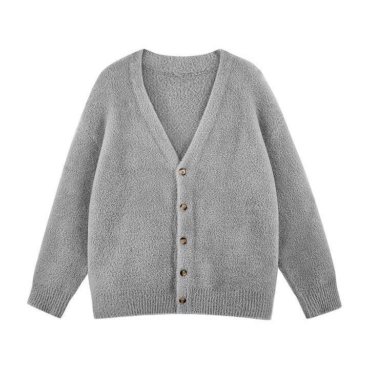 Damen Oversize Teddy-Strickcardigan mit V‑Ausschnitt und Holzknöpfen Echoarchiv