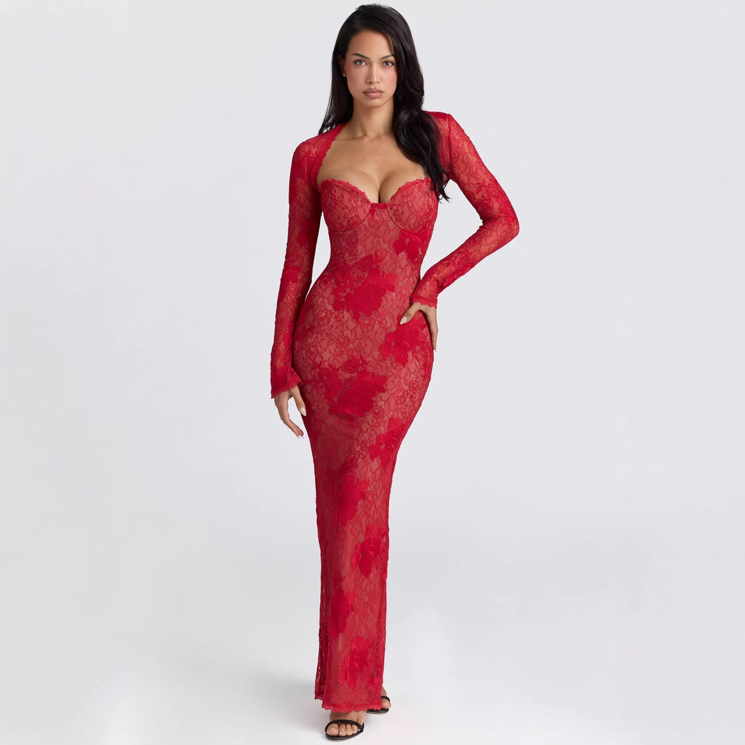 Damen Elegantes Spitzenabendkleid mit langem Arm und verführerischem Schnitt Echo Archiv
