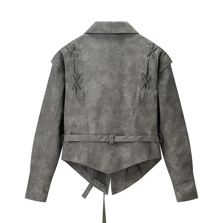 Damen kurzjacke Veloursoptik mit Schalkragen Taillengürtel und Schnürdetail – Célinea