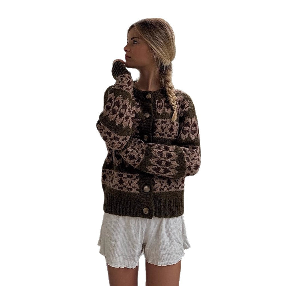 Damen Norwegermuster-Strickjacke mit Knopfleiste und geripptem Saum Echoarchiv