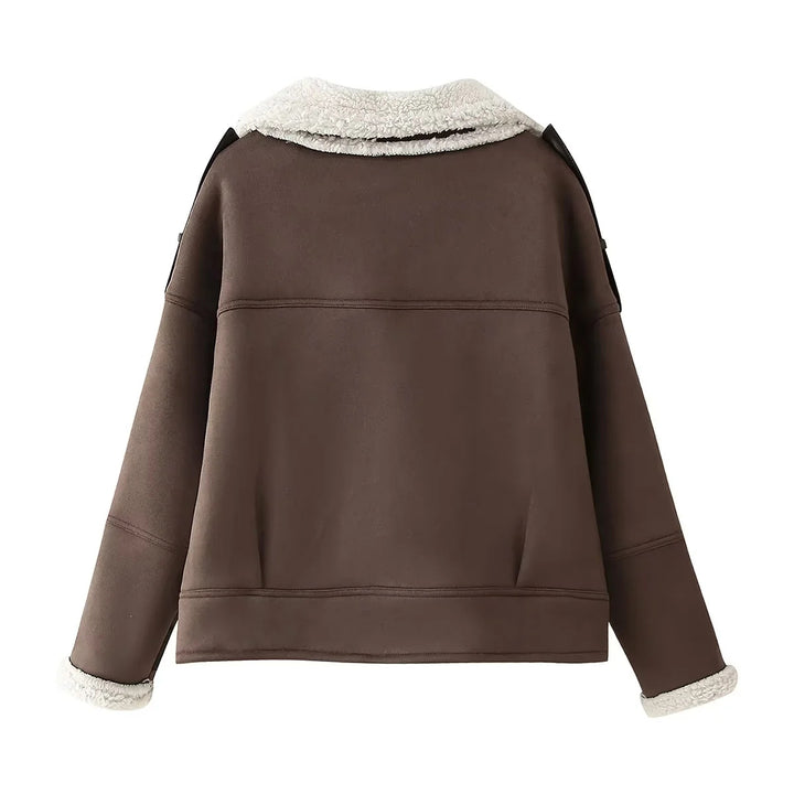 Damen kurze Fliegerjacke im Aviator‑Look mit Teddyfutter, großem Schalkragen und verstellbaren Manschetten – Célinea
