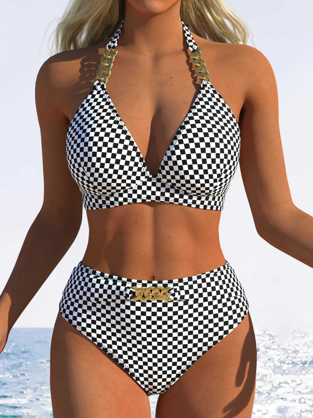 Damen Bikini-Set mit stilvollem Karomuster und goldfarbenen Akzenten Echoarchiv