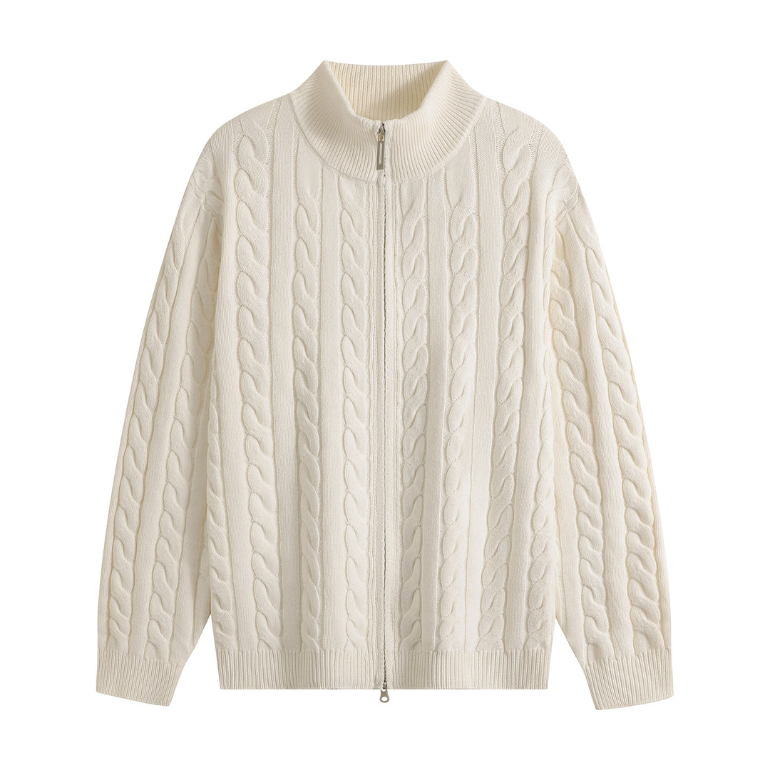 Herren Grobgestrickter Reißverschluss-Cardigan mit Zopfmuster, Stehkragen und Oversize-Schnitt Echoarchiv