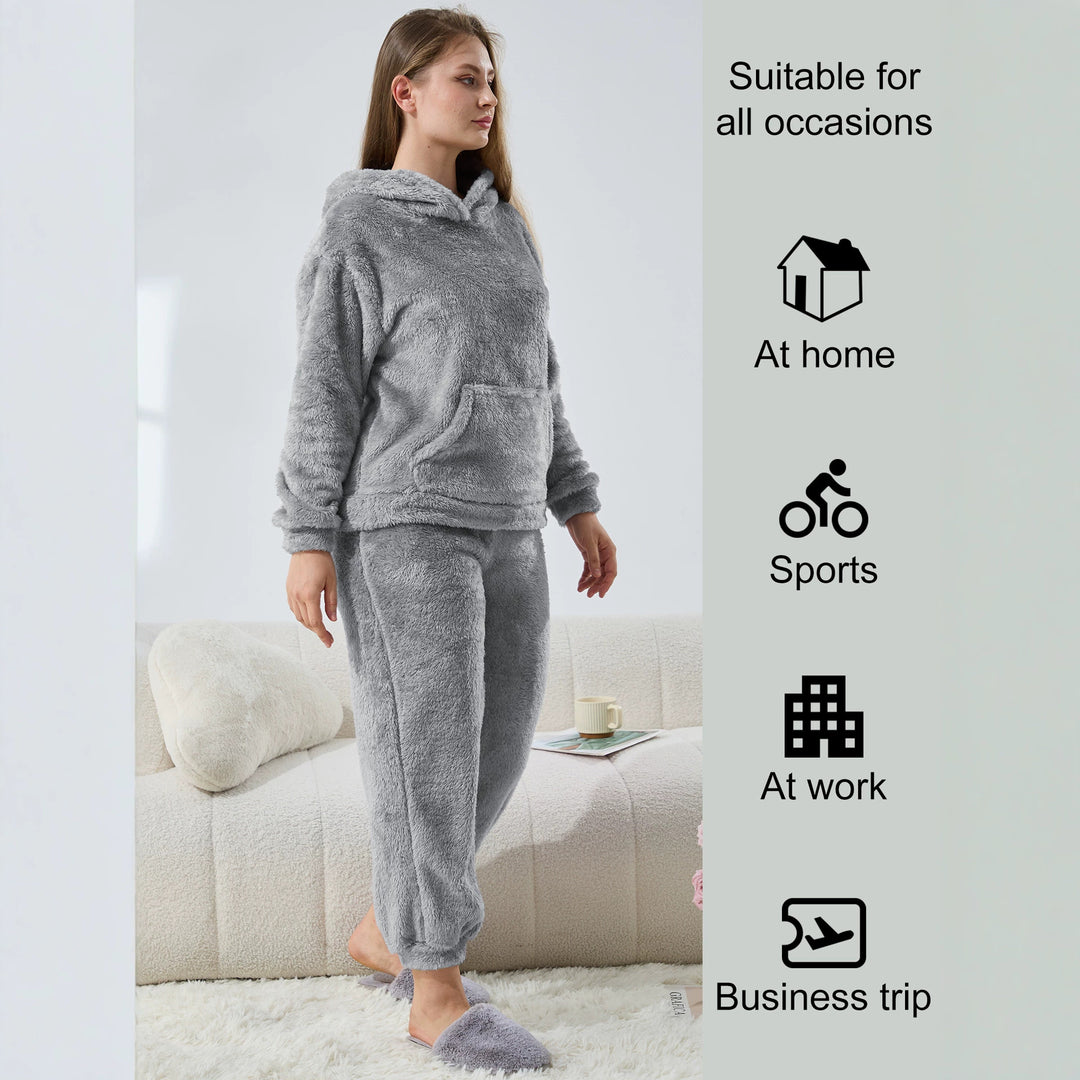 Damen Kuscheliges Teddy-Fleece Lounge-Set mit Kapuze und Kängurutasche – Auréline
