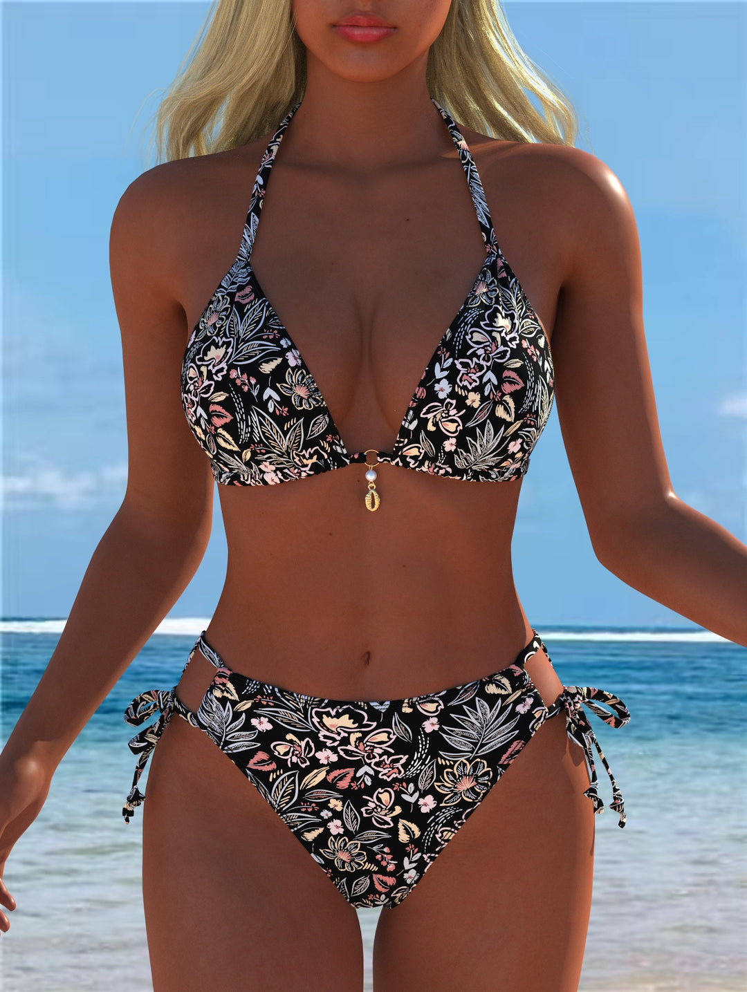 Damen Triangel-Bikini mit verspieltem Floral-Design und verstellbaren Bindebändern Echo Archiv
