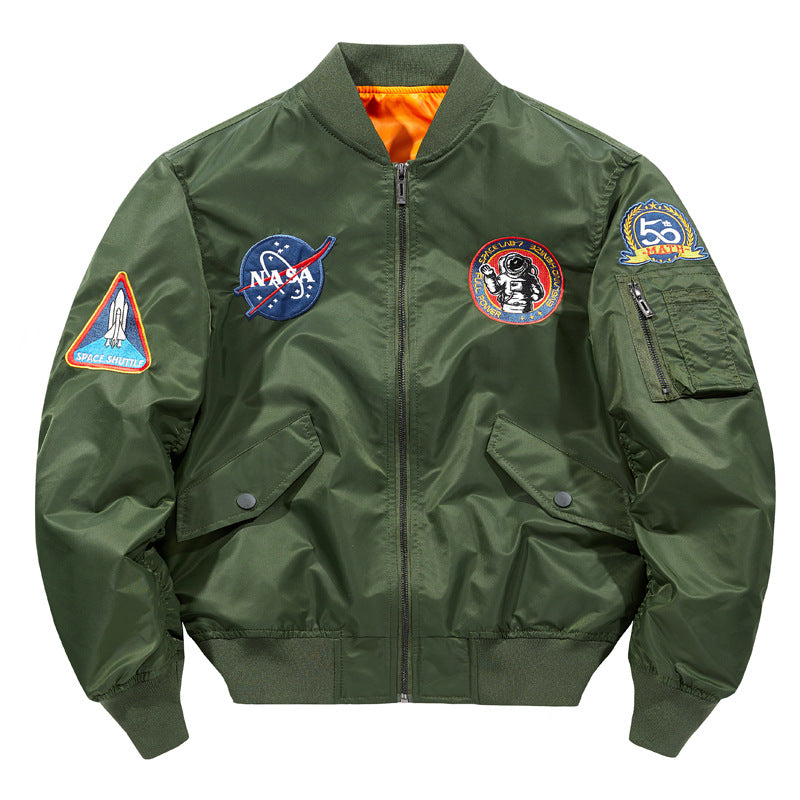 Men's nylon flight-style bomber with embroidered space patches and contrast orange lining – Brevano