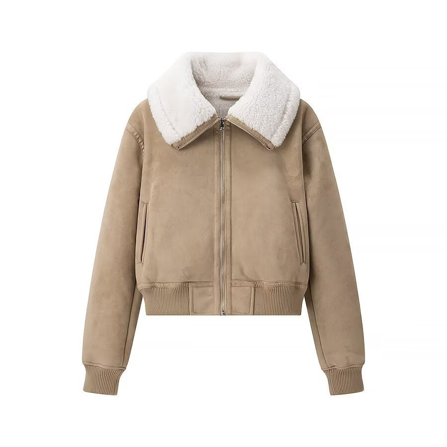 Damen Bomberjacke aus Veloursimitat mit Teddyfutter und großem Schalkragen Echo Archiv