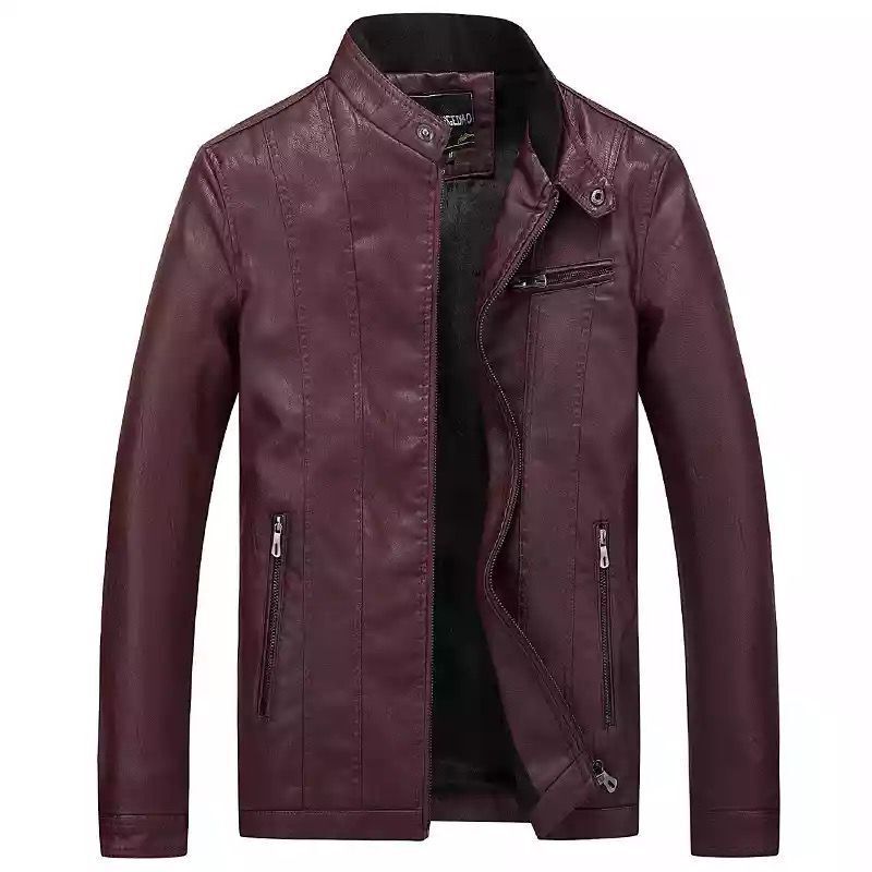 Herren Slim-Fit Kunstlederjacke im Bikerstil mit Stehkragen und vertikalen Ziernähten Echoarchiv