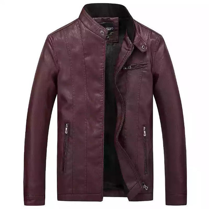 Herren Slim-Fit Kunstlederjacke im Bikerstil mit Stehkragen und vertikalen Ziernähten Echoarchiv