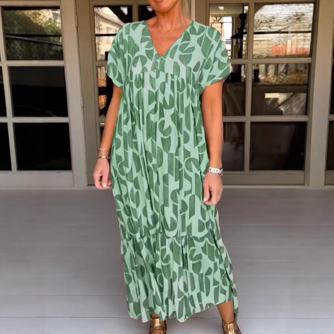 Damen nan voluminöses Maxikleid mit Unterbrustnaht, V-Ausschnitt, kurzen Kimonoärmeln und Stufenvolant Echo Archiv