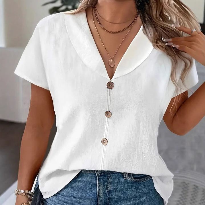 Damen nan luftige Leinenoptik-Bluse mit weitem Schalkragen und Zierknopfleiste Echo Archiv