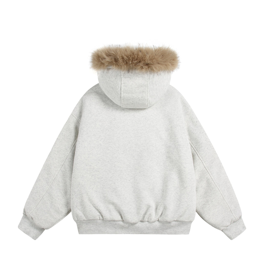 Damen Kurzboxy Kapuzenblouson aus French‑Terry mit voluminöser Kunstfellkante Echoarchiv