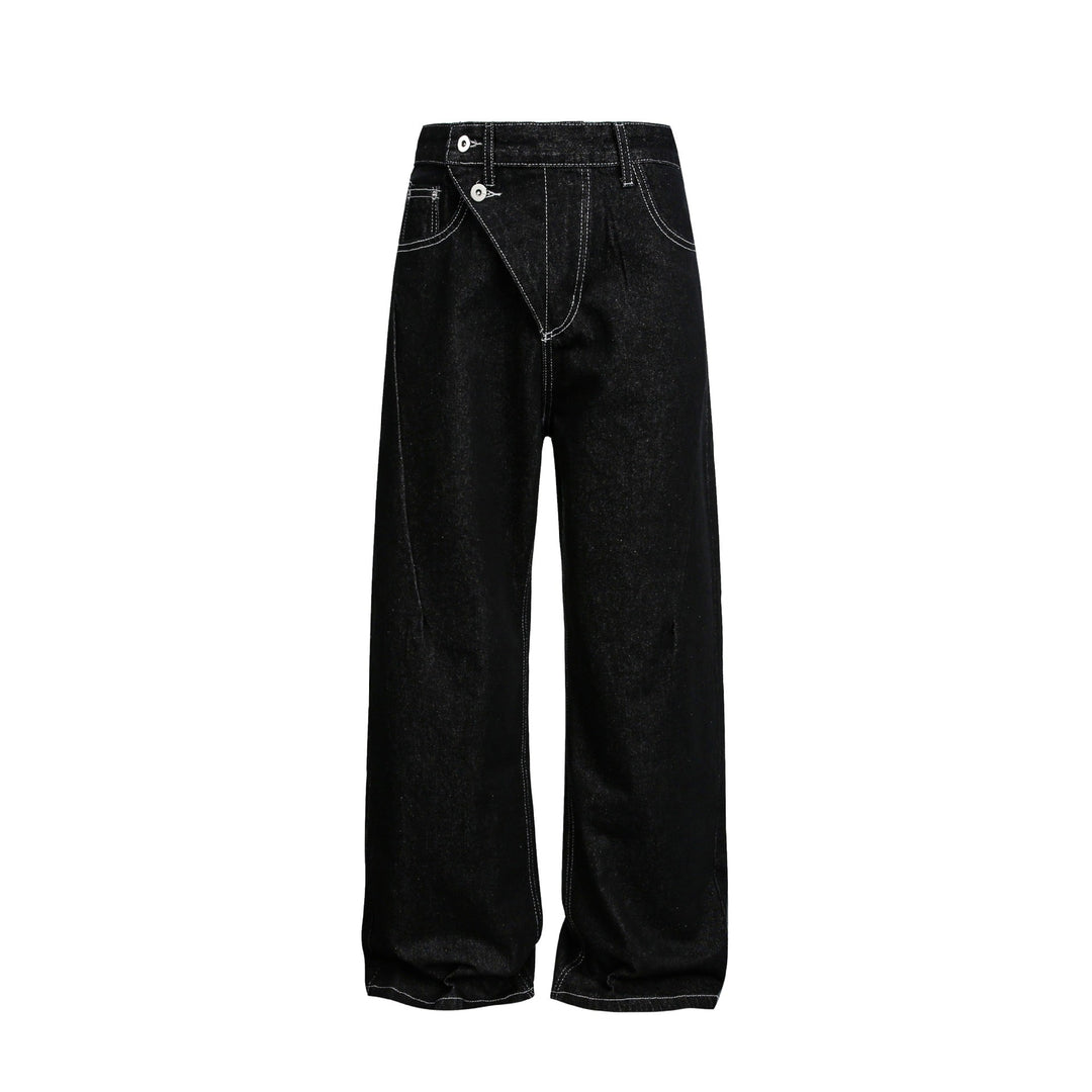 Damen Weite High-Waist Jeanshose mit asymmetrischem Knopfverschluss und Kontrastnähten Echoarchiv