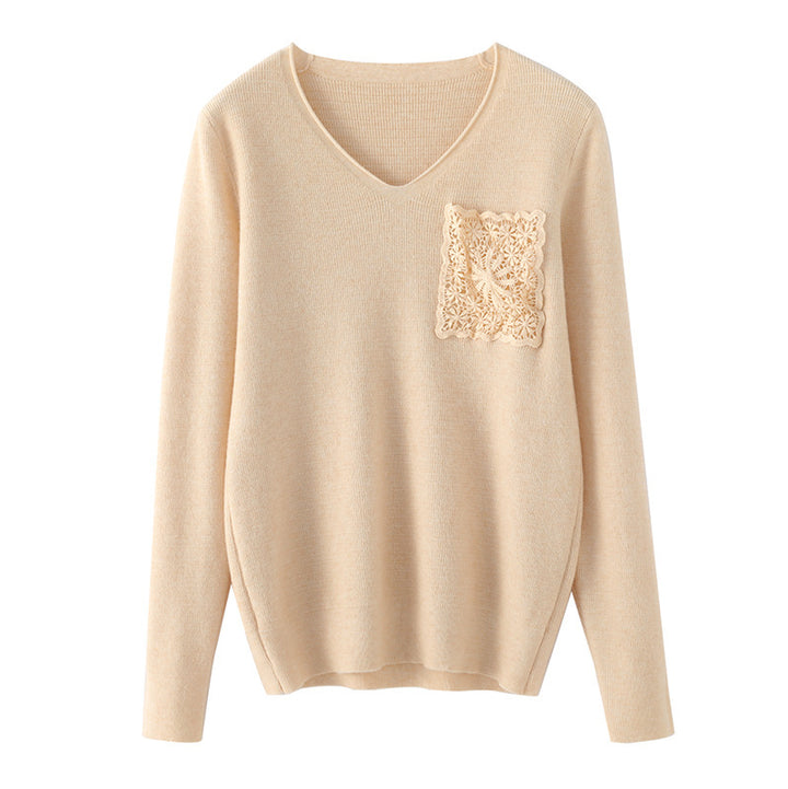 Damen Kaschmir‑Optik V‑Ausschnittpullover mit floraler Häkelapplikation Echoarchiv