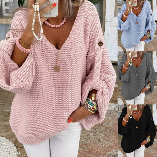 Damen weiter Strickpullover mit V-Ausschnitt, Ballonärmeln und Knopfdetail Echo Archiv