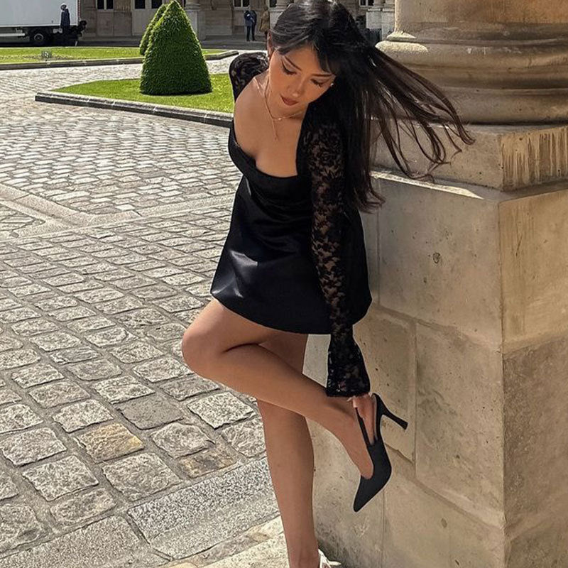 Damen Elegantes Kleid mit Spitzenärmel und fließendem Rock Echo Archiv