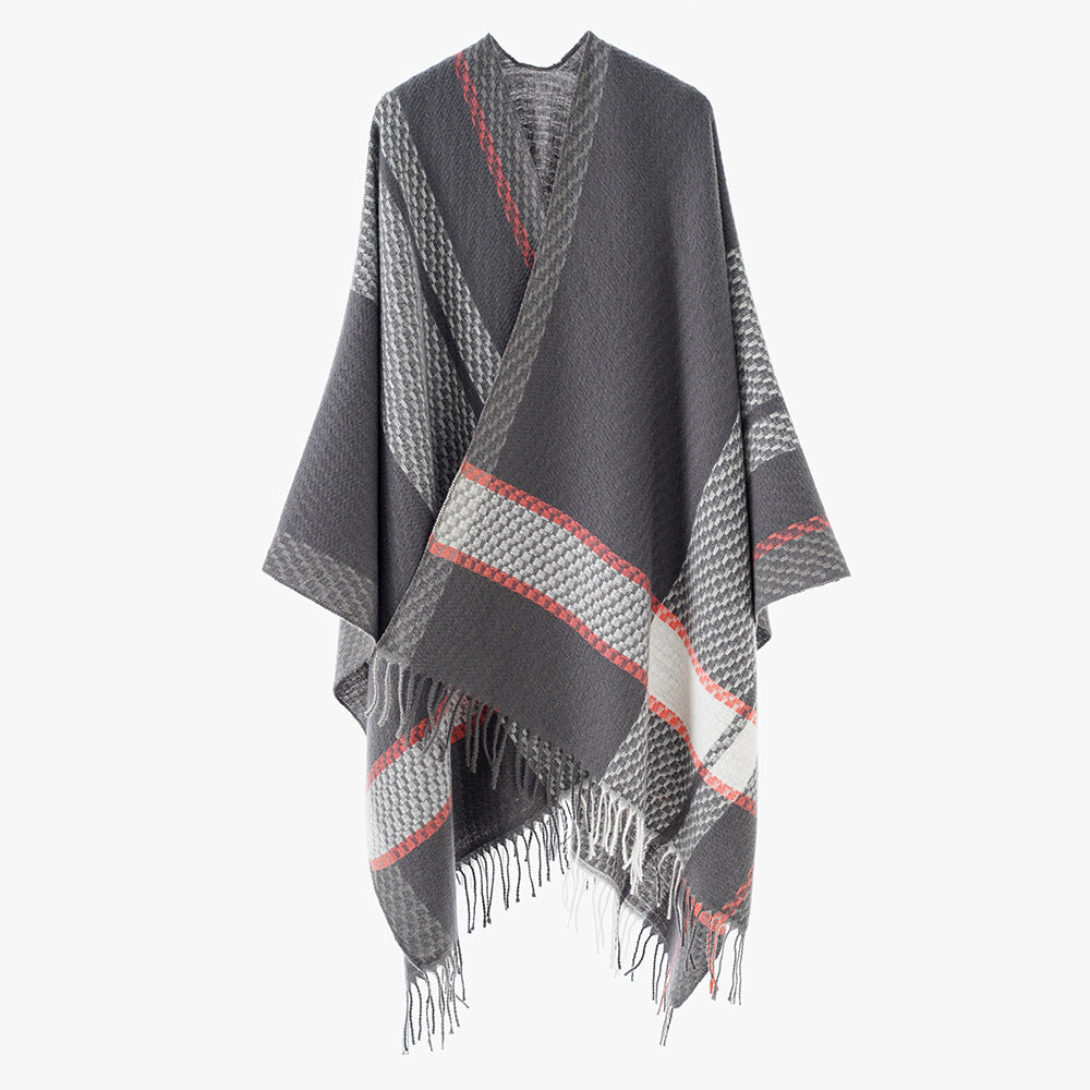 Damen Oversize Capeponcho aus Wollmix mit Karomuster und Fransensaum – Avérine