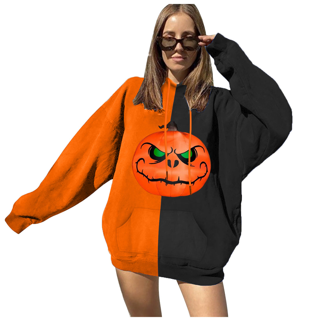 Damen Oversize Kapuzenpullover mit Halloween Kürbisdruck und Kängurutasche – Auréline