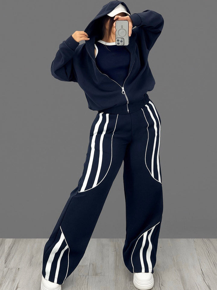 Damen Oversize Kapuzen-Sweatjacke mit Reißverschluss und weitem Trackpant-Set – Auréline